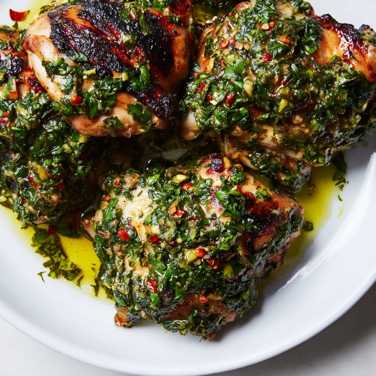 Golden grilled chimichurri chicken thighs topped with vibrant green herb sauce  