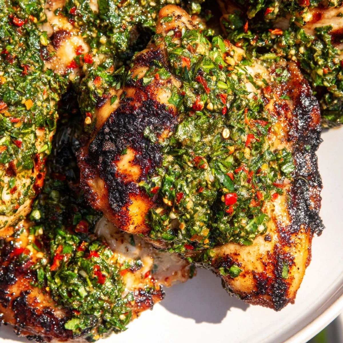 Juicy chimichurri chicken thighs served fresh with zesty parsley and garlic marinade  
