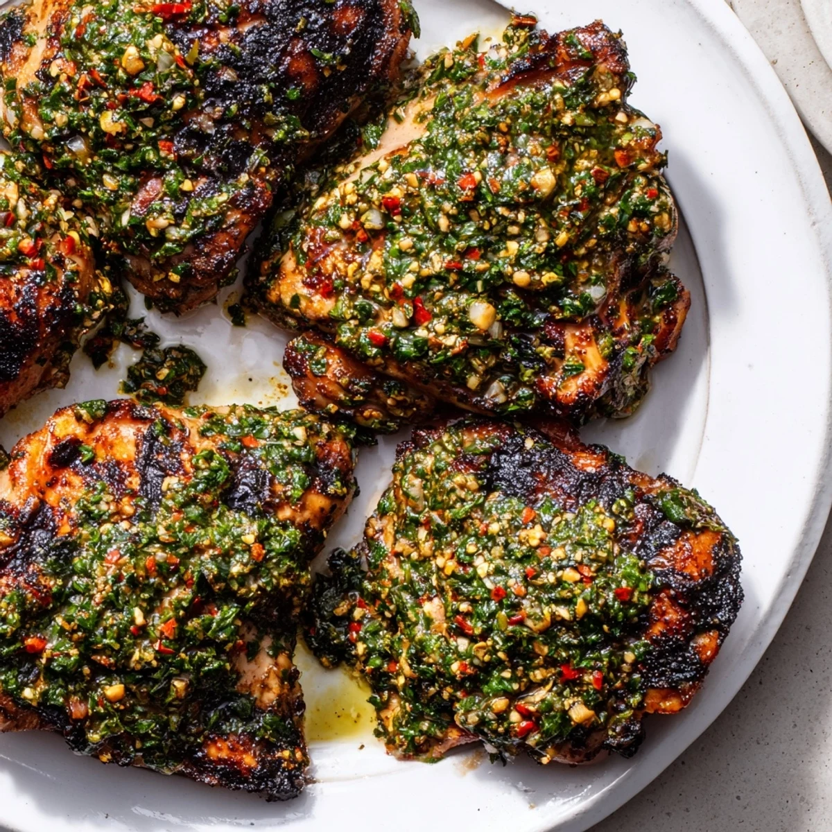 Succulent grilled chimichurri chicken thighs drizzled with extra herbaceous sauce for serving