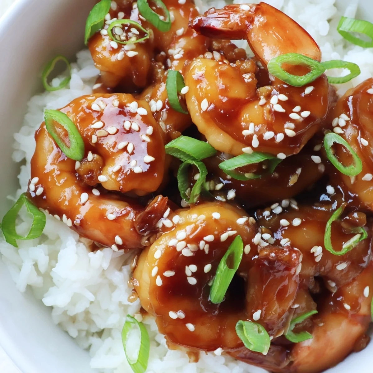 Golden teriyaki shrimp rice bowl with crisp veggies and sesame garnish.  