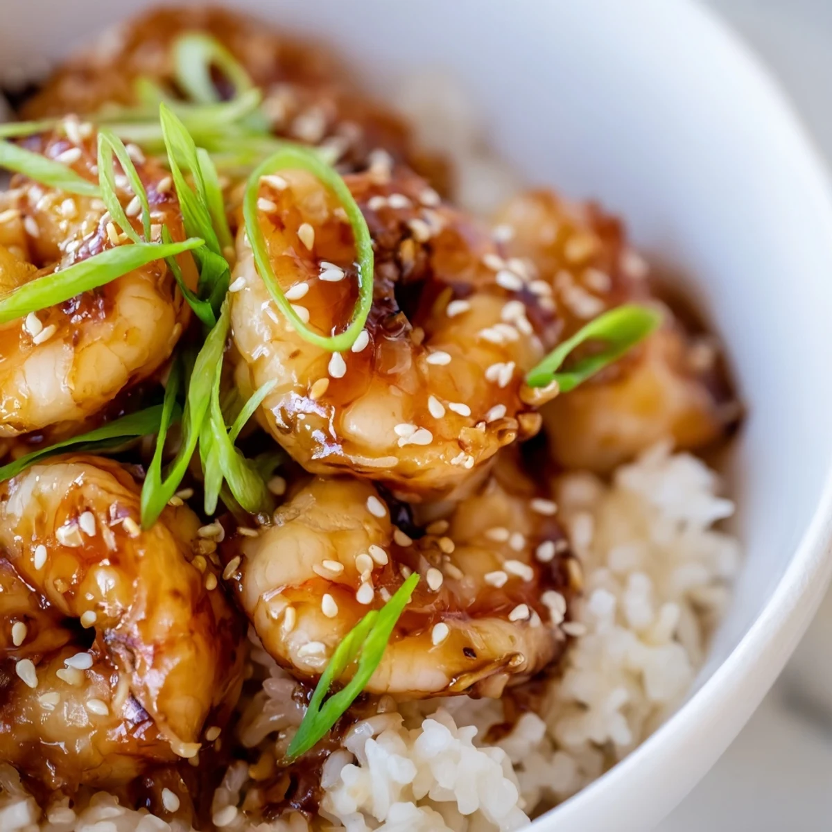 Fluffy jasmine rice topped with glazed teriyaki shrimp and fresh colorful vegetables.  