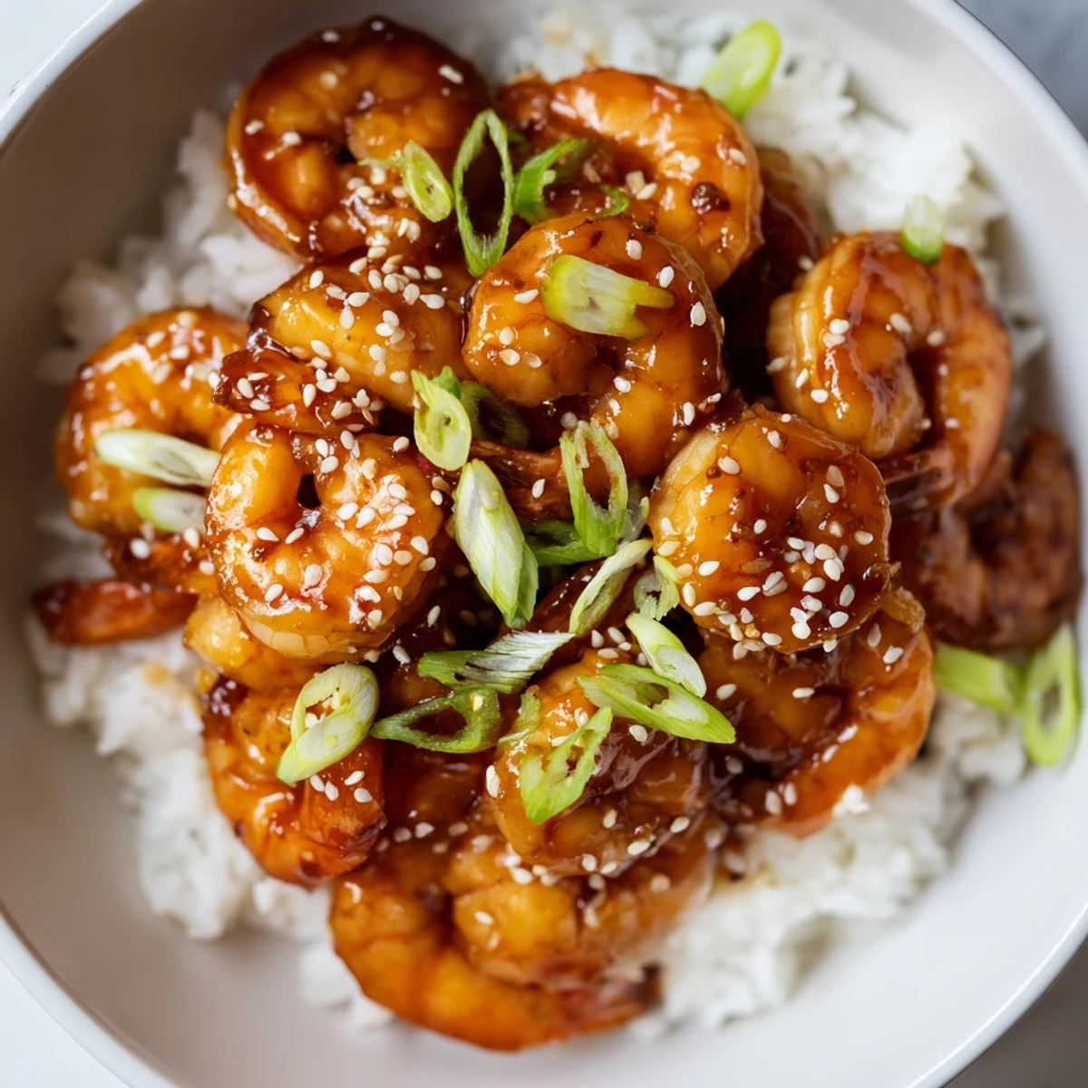 Savory teriyaki shrimp served over steamed rice with crunchy edamame and carrots.