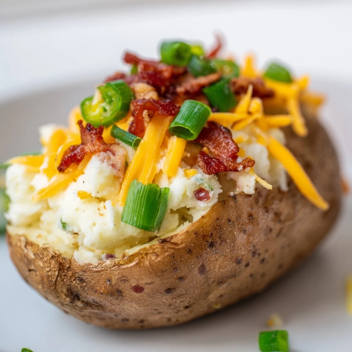 Creamy Jalapeno Popper Twice Baked Potatoes garnished with fresh jalapeno slices and green onions  