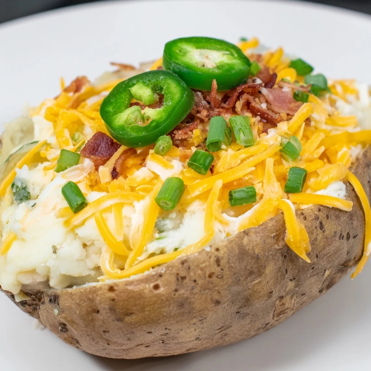 Hearty Jalapeno Popper Twice Baked Potatoes served hot with a fluffy, spicy potato filling