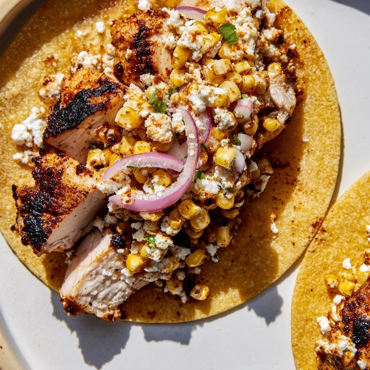 Golden street corn chicken tacos topped with cotija and fresh cilantro in warm tortillas.