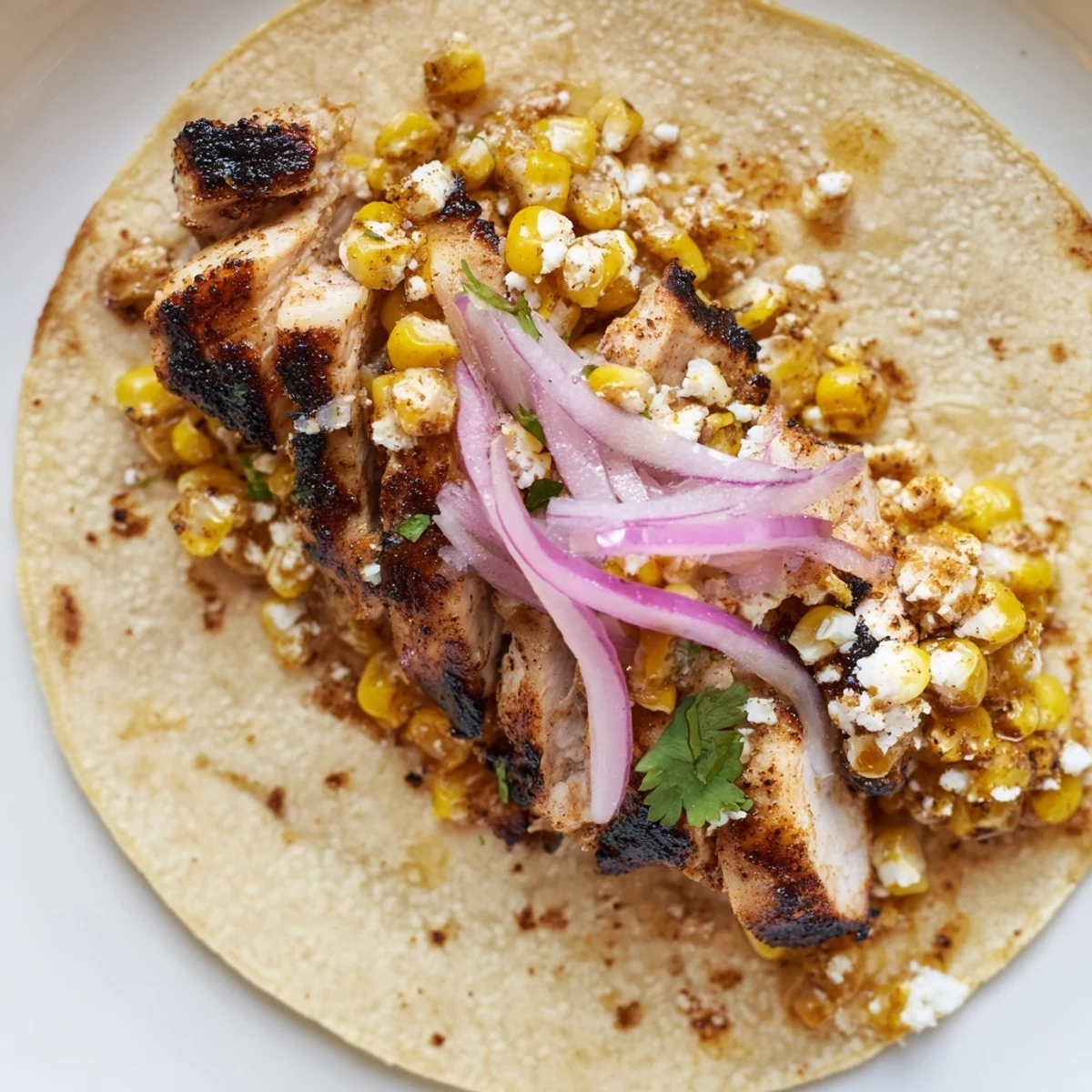 Delicious street corn chicken tacos with lime, crema, and red onion garnish.