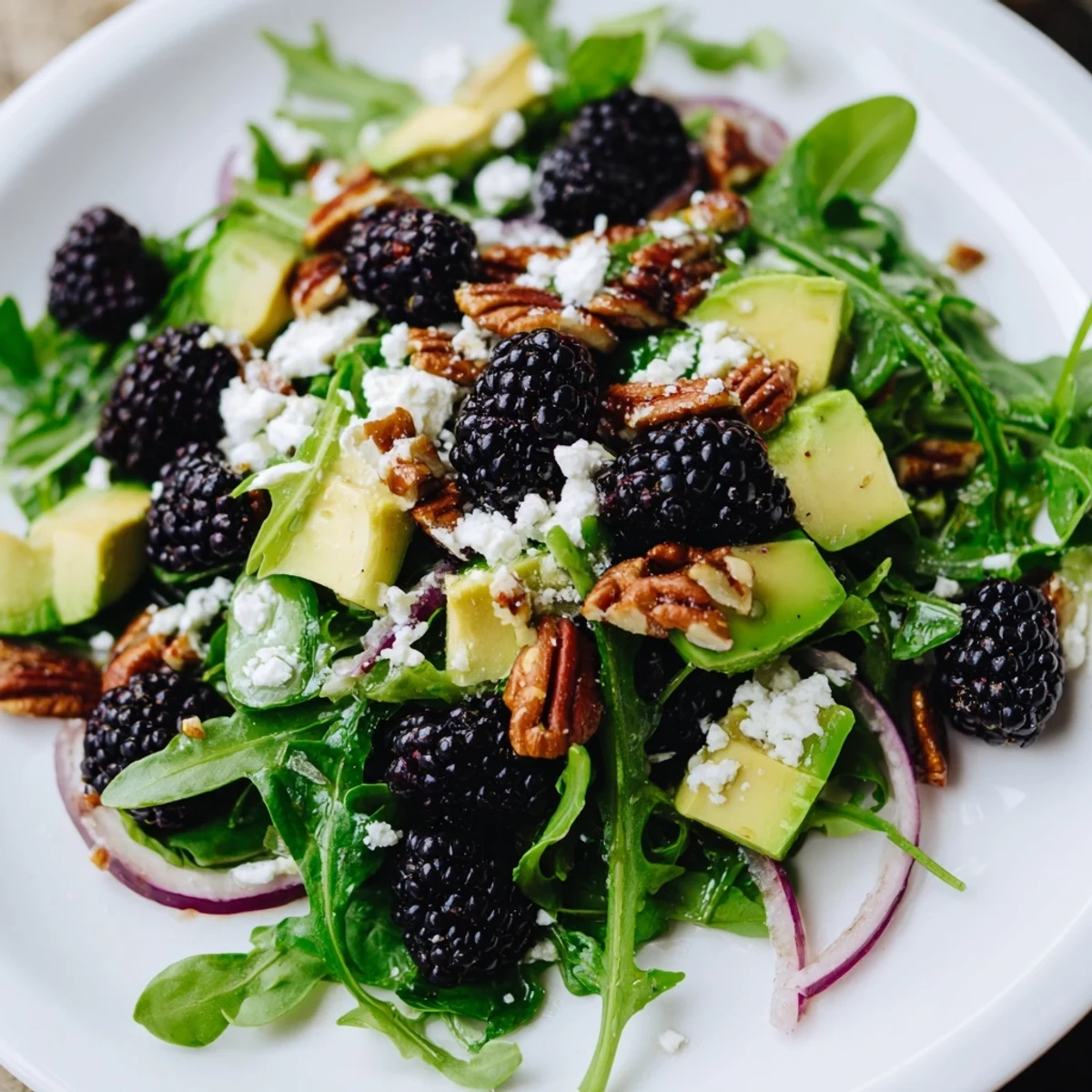 Fresh blackberry avocado salad with arugula, feta, and honey-lime dressing in a bowl  