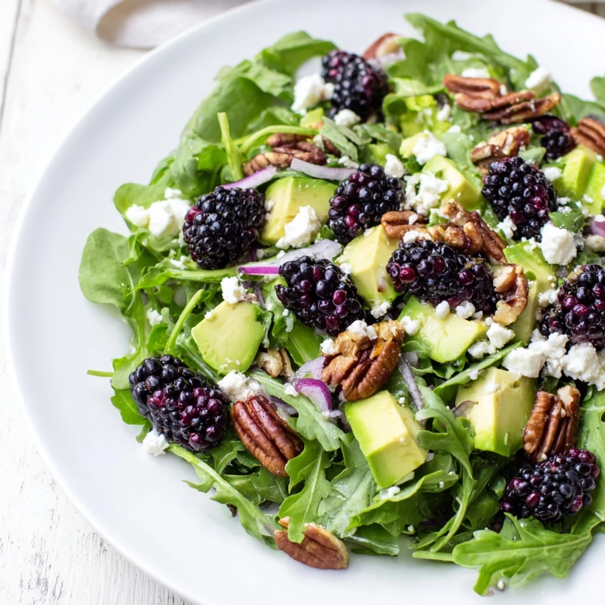 Creamy blackberry avocado salad drizzled with zesty dressing on a white plate
