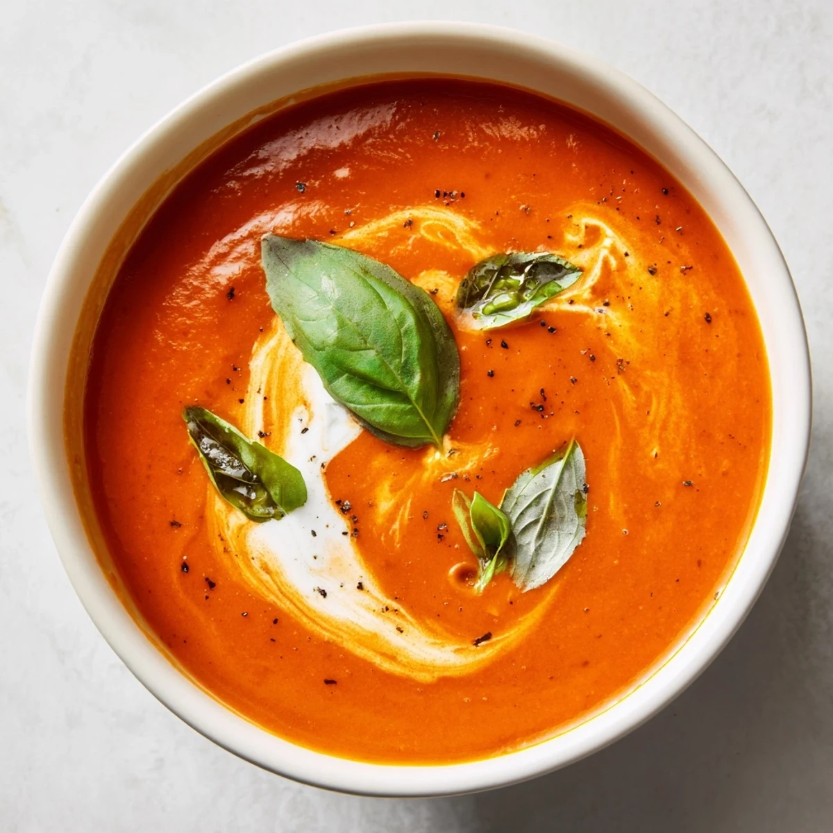 Velvety homemade roasted tomato basil soup paired with crusty bread for dipping.  