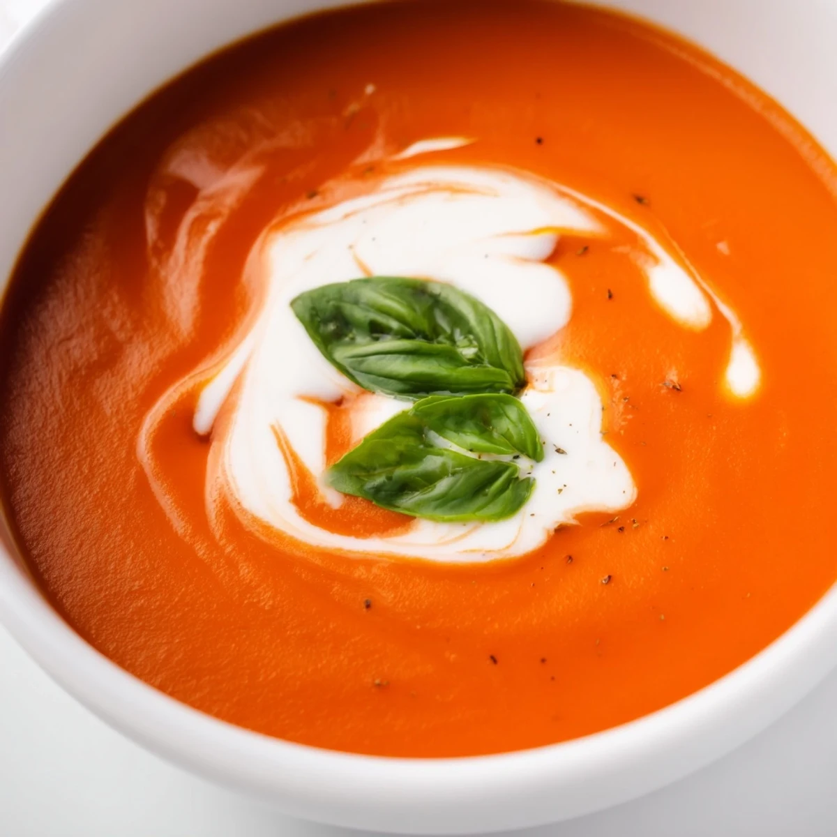 Bowl of creamy roasted tomato basil soup garnished with fresh basil leaves.  