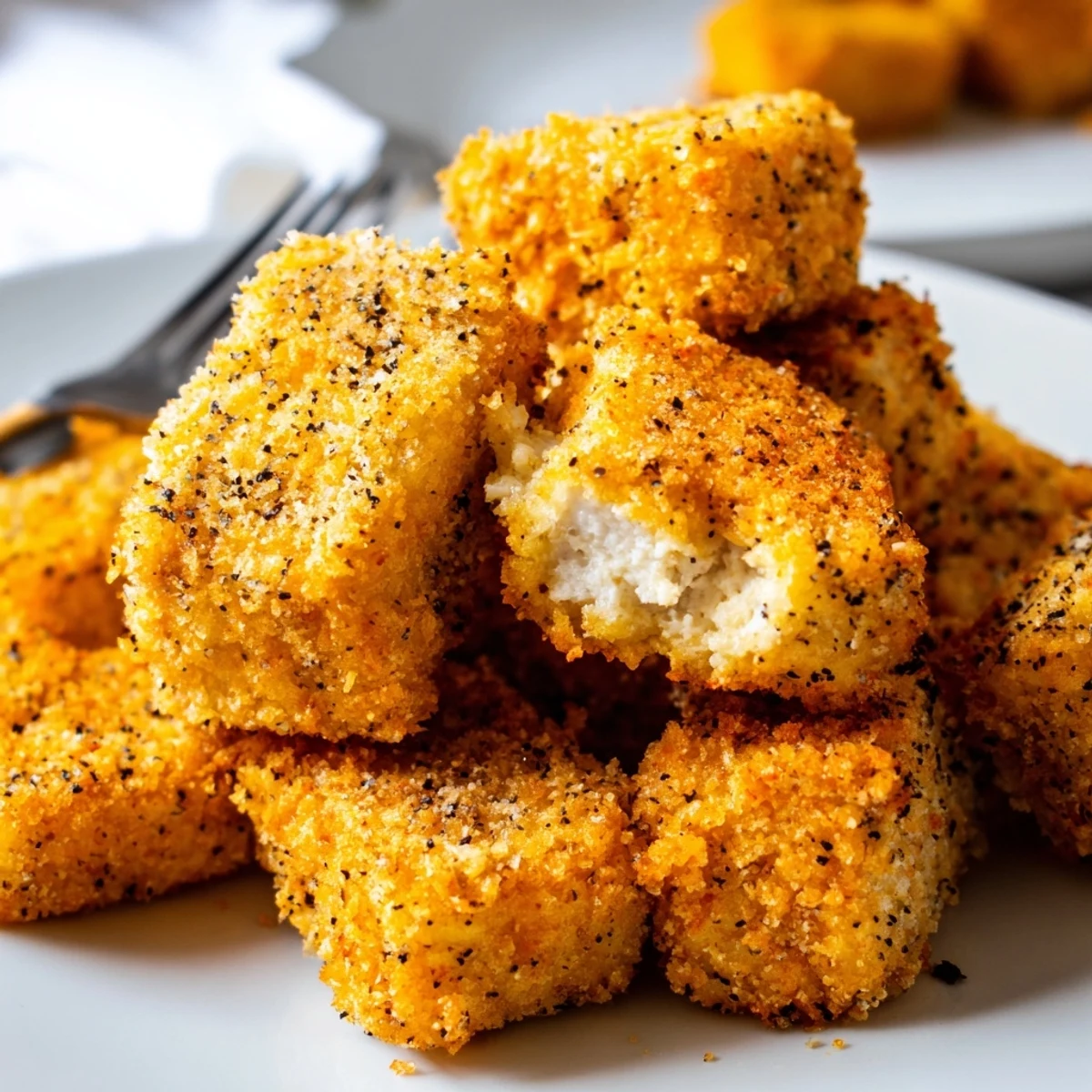 Golden crispy tofu fried chicken pieces served with dipping sauce  