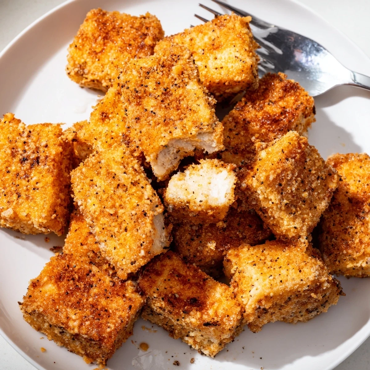 Plant-based tofu fried chicken nuggets looking golden and delicious on a plate