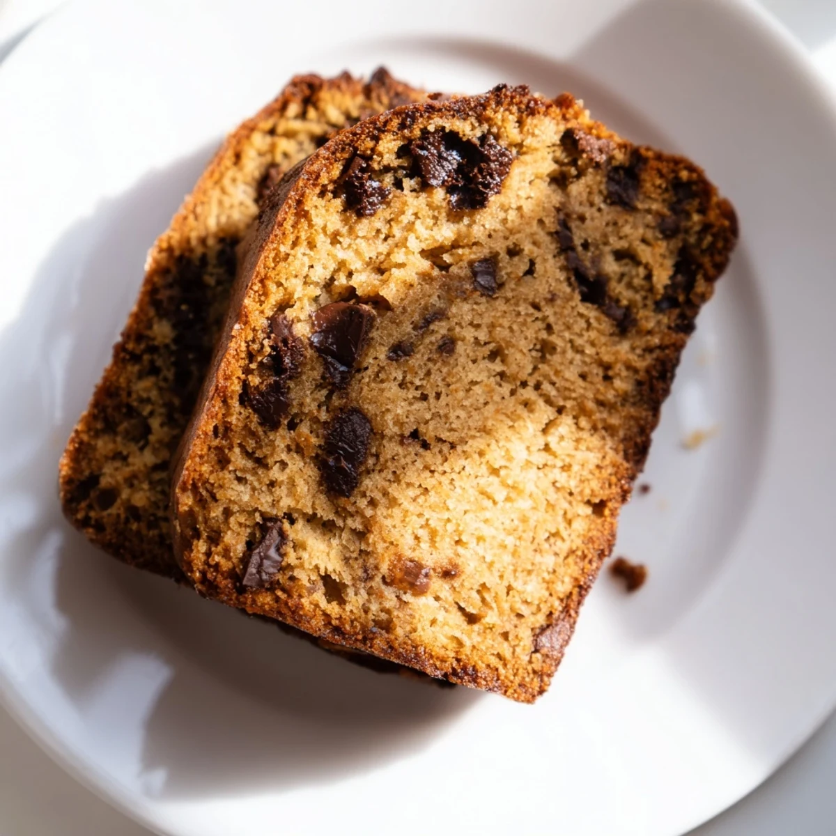 Moist one bowl banana bread with chocolate chips baked to golden perfection.  