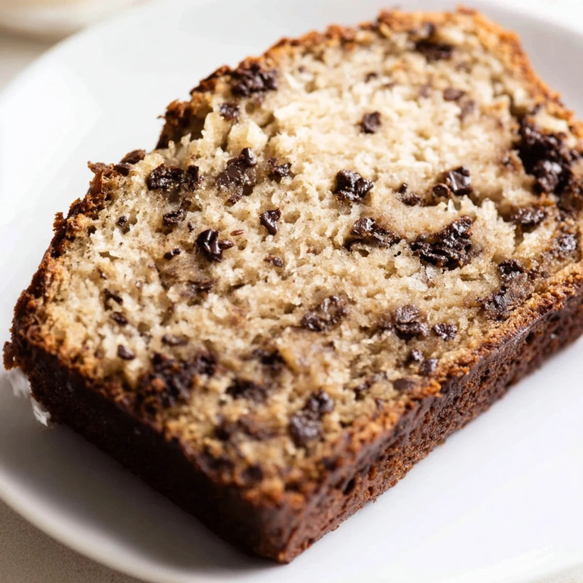 Golden slice of one bowl banana bread studded with melted chocolate chips.  