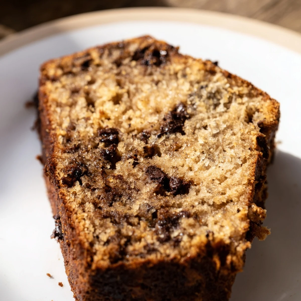 Rich one bowl banana bread with chocolate chips on a wooden cutting board.