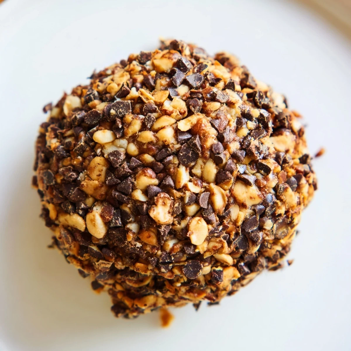 Homemade Snickers energy balls rolled with chopped peanuts and dark chocolate chips on a white plate.  