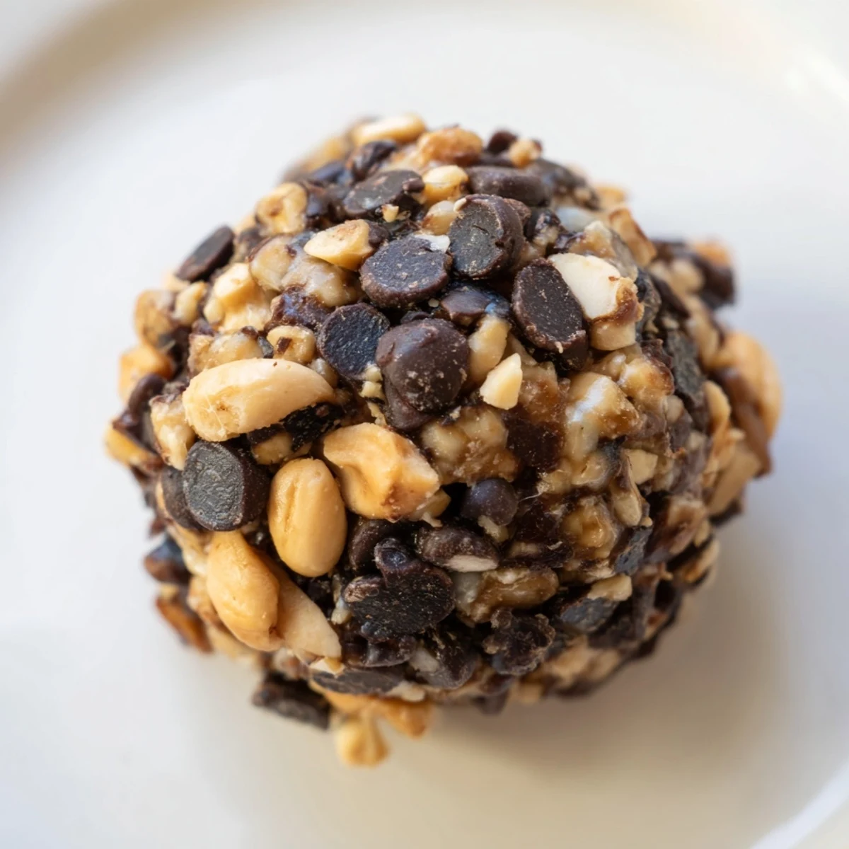 Bite-sized Snickers energy balls topped with flaky sea salt, showcasing a gooey date and peanut butter center.