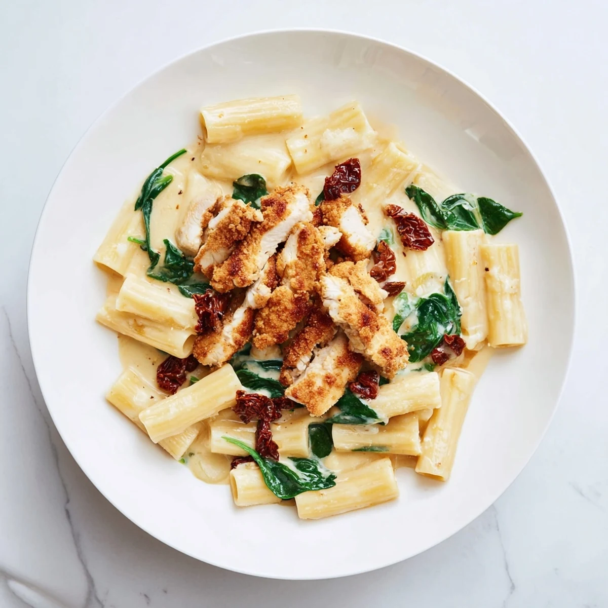 Golden chicken penne in a creamy Tuscan sauce with sun-dried tomatoes and spinach.  