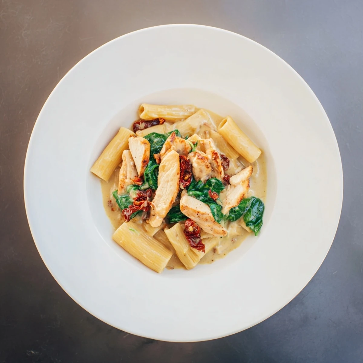 Rich one pan Tuscan chicken pasta served hot with wilted spinach and Parmesan.  