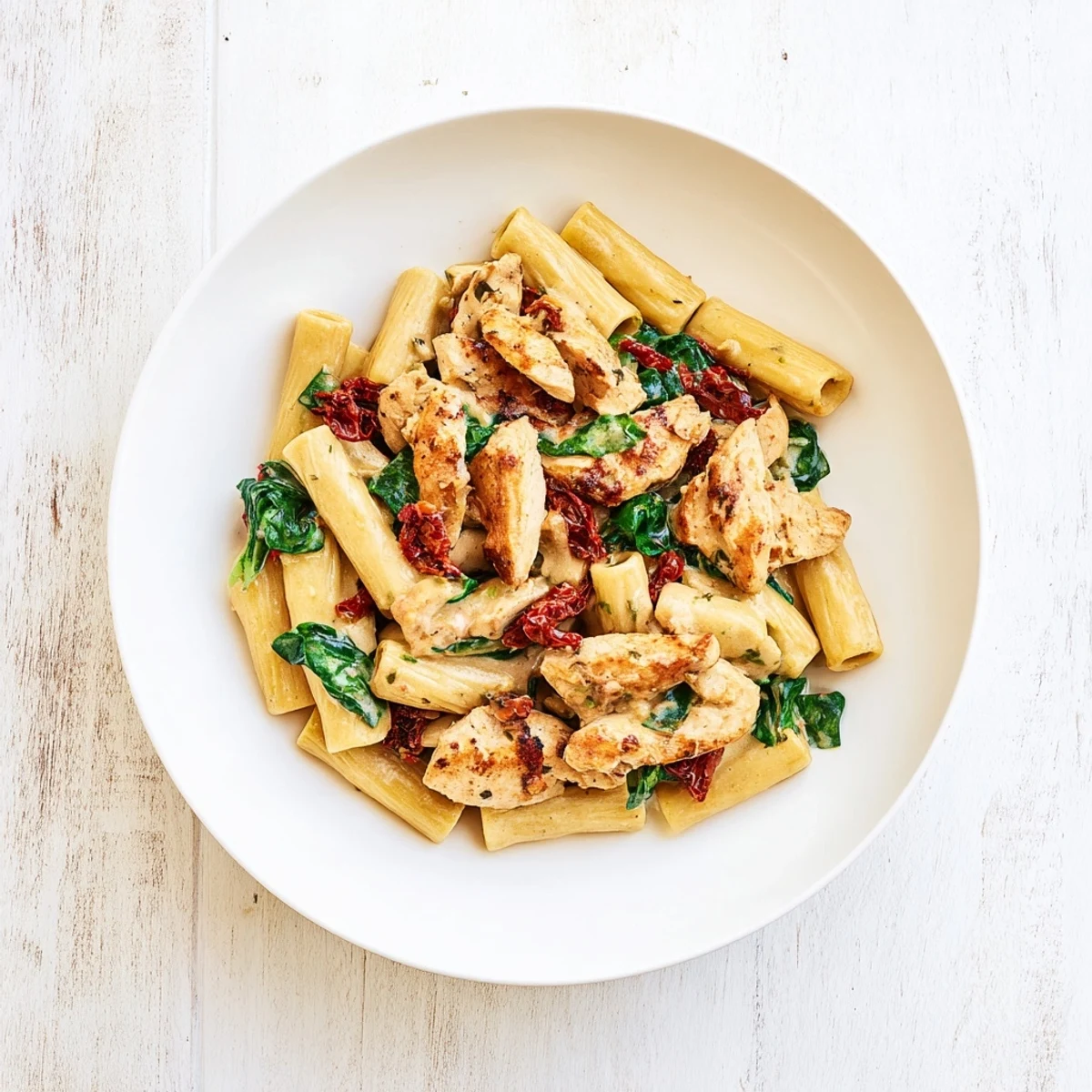 Savory chicken strips tossed in a garlic cream sauce with tender rigatoni pasta.