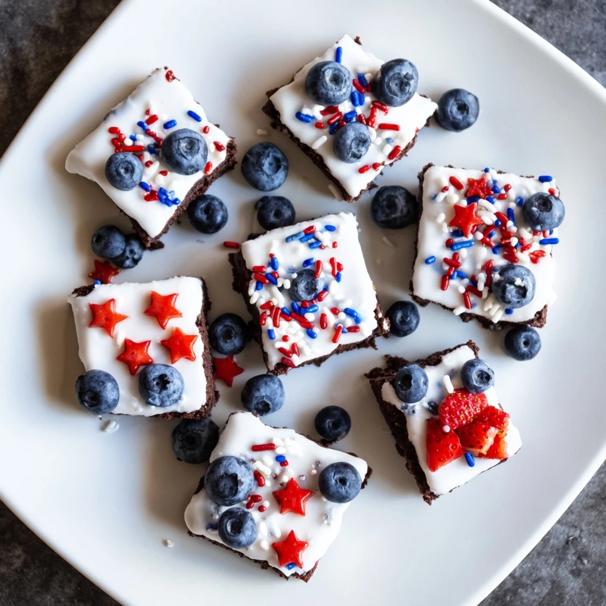 Festive Fourth of July brownie bites topped with red, white, and blue sprinkles.  