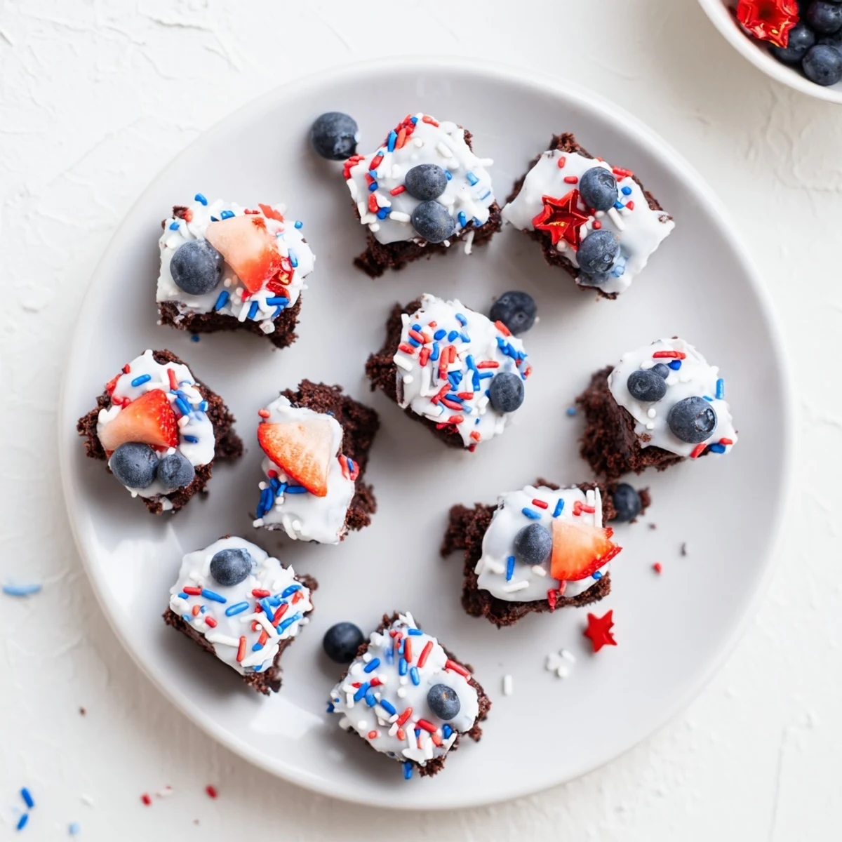Bite-sized Fourth of July brownie bites drizzled with sweet glaze and colorful decorations.  