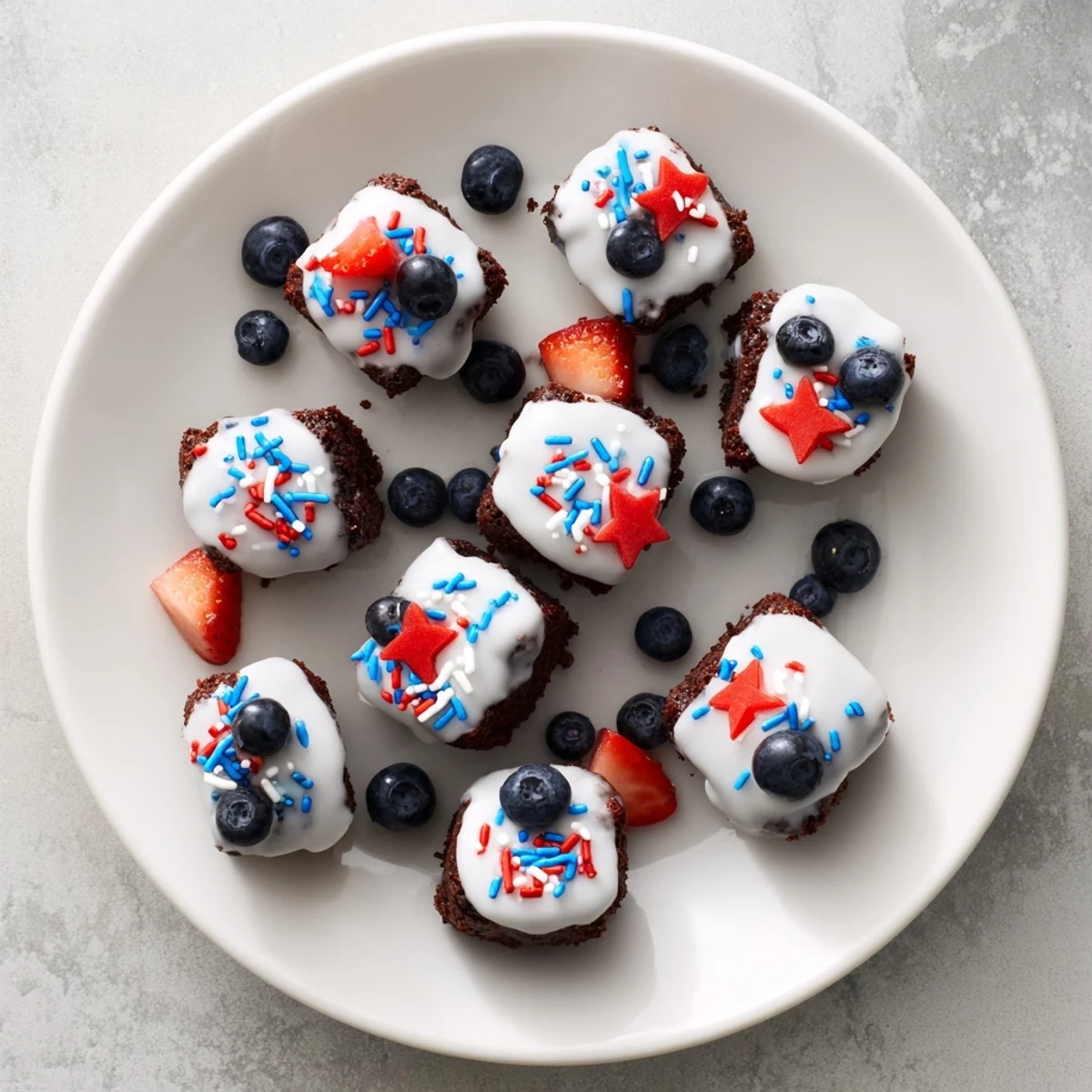 Patriotic Fourth of July brownie bites garnished with fresh berries and star sprinkles.