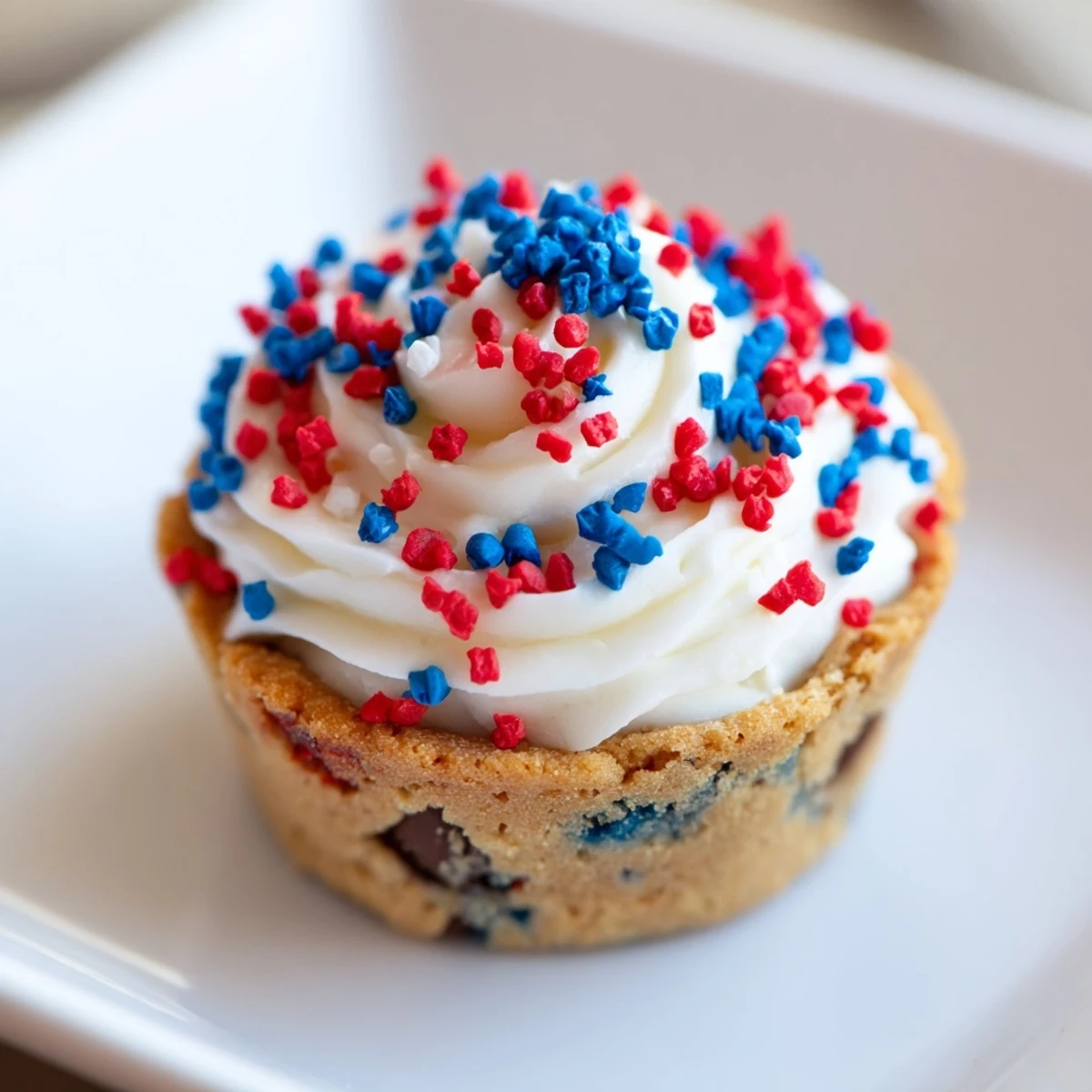 Golden bite-sized patriotic chocolate chip cookie cups filled with creamy vanilla frosting.  