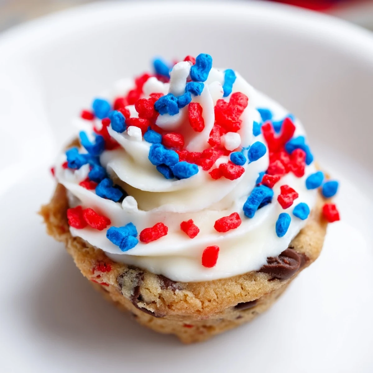 Colorful patriotic chocolate chip cookie cups decorated with sprinkles for summer celebrations.