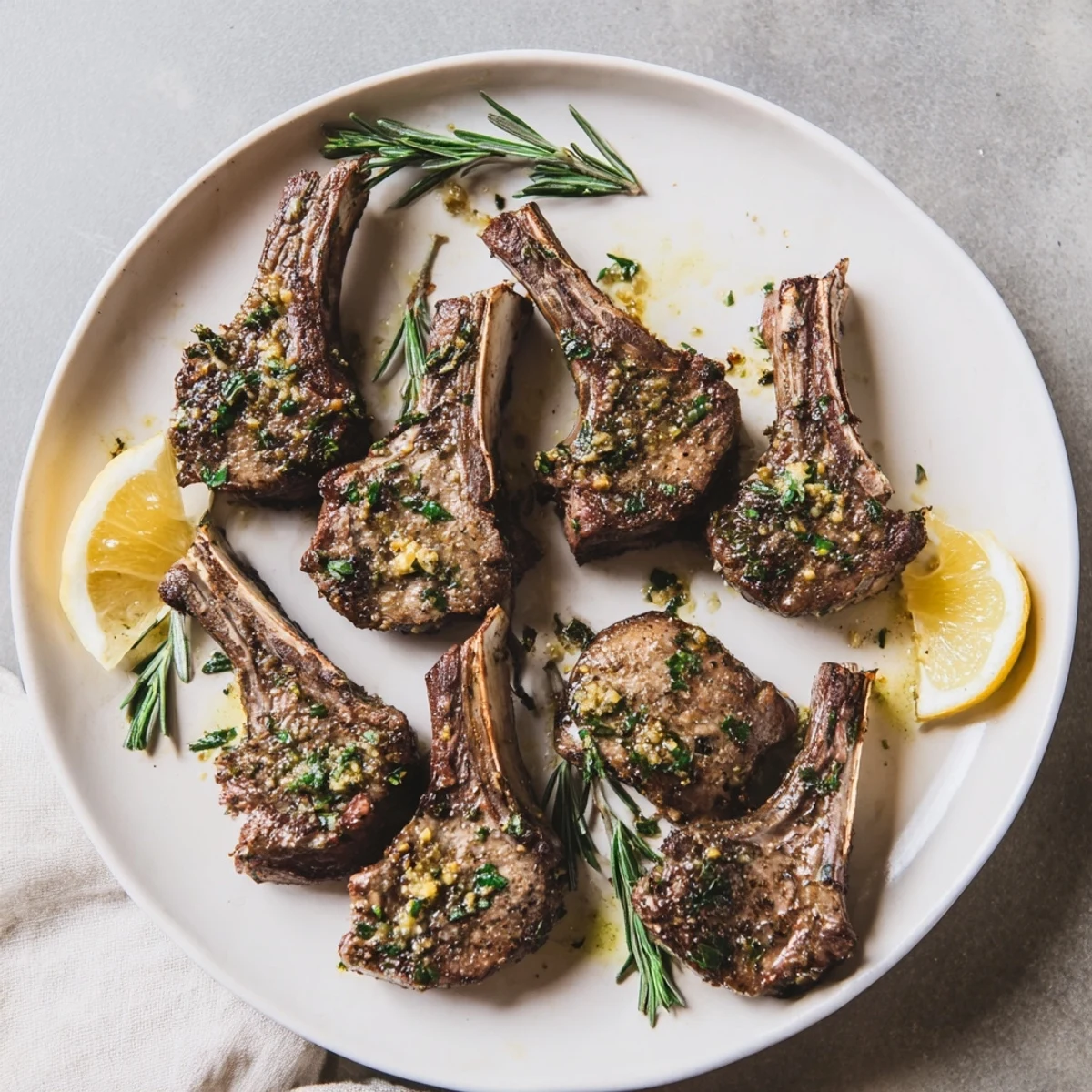 Pan-seared herb garlic lamb chops with a golden crust and fresh herbs.  