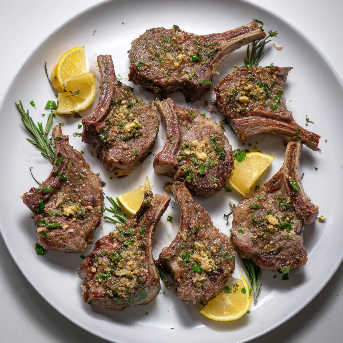 Succulent herb garlic lamb chops served with lemon wedges on a white plate.  