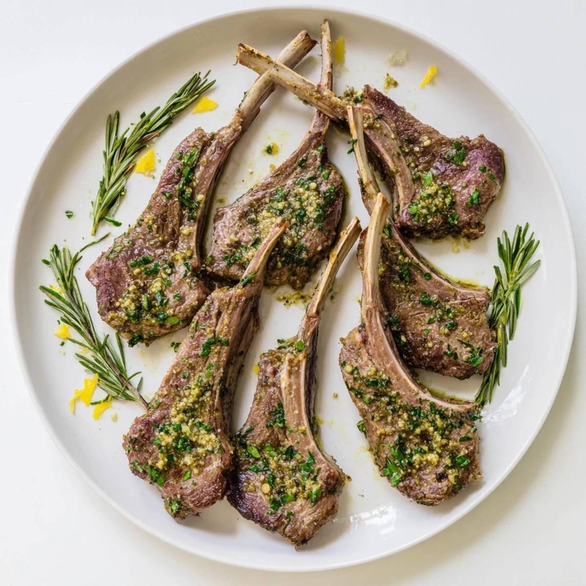Golden brown herb garlic lamb chops resting after being pan-seared to perfection.