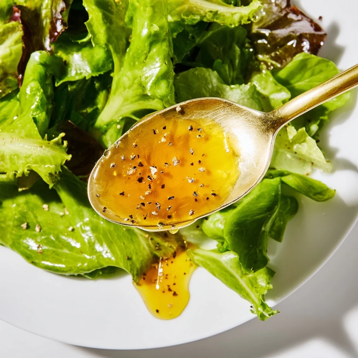 Golden honey vinaigrette dressing drizzled over fresh mixed greens.  