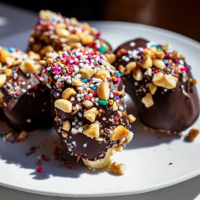 A tray of Chocolate Covered Banana Bites, garnished with shredded coconut and colorful sprinkles on a marble surface. 