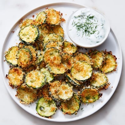 A close-up view of Crispy Zucchini Chips with Dip highlights the crunchy texture of the baked rounds and the cool, creamy dip with fresh dill.