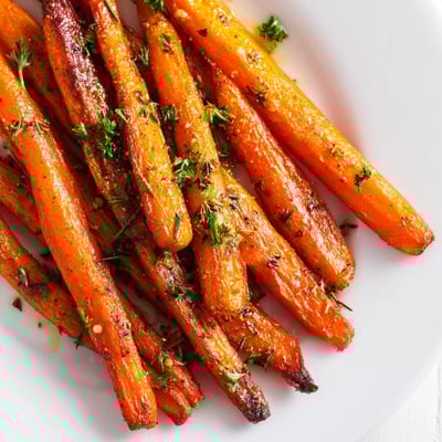 Freshly roasted carrot sticks with herbs glisten with olive oil on a parchment-lined baking sheet, still steaming.