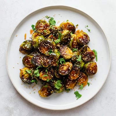 A close-up of crispy Honey Sriracha Brussels sprouts topped with sesame seeds and fresh cilantro on a platter.