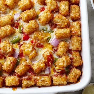 Close-up of a slice of Cheesy Pizza Tot Casserole revealing layers of tater tots, red sauce, and veggies.  