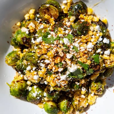Crispy Brussels sprouts topped with crumbled cotija cheese and fresh cilantro for Mexican Street Corn Brussels Sprouts Delight.