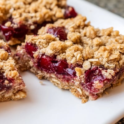 Warm cherry crumble bars sliced to reveal sweet-tart cherry interior, ready to serve with a scoop of vanilla ice cream.