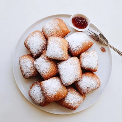Light, pillowy Vanilla French Beignets on a plate with a side of raspberry jam.