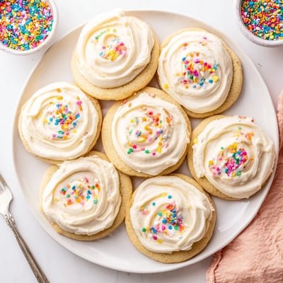 A close-up view of Walmart-Style Sugar Cookies with Buttercream Frosting shows fluffy white frosting and a soft cookie texture.
