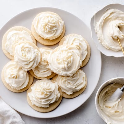 Easy Sugar Cookie Frosting swirled into a piping bag for decorating round sugar cookies.