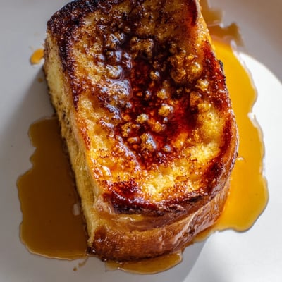 A close-up of Crème Brûlée French Toast with a crunchy sugar crust and soft custard-soaked brioche, ready to serve.