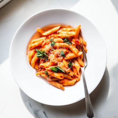 Rustic 20 minute penne pasta featuring garlic tomatoes topped with grated cheese and green basil