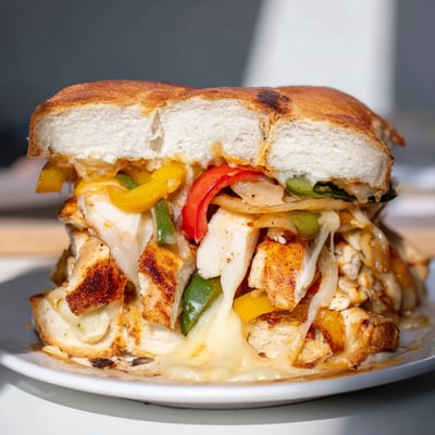 Toasted sandwich overflowing with juicy sliced chicken, sautéed bell peppers and onions, and gooey cheese on a buttery hoagie roll