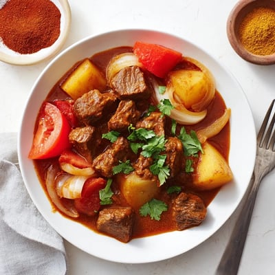 Tender beef chunks simmered in aromatic coconut milk sauce with potatoes and whole spices