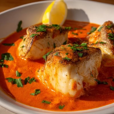 Flaky white cod fish simmered in creamy red pepper sauce served with lemon wedges