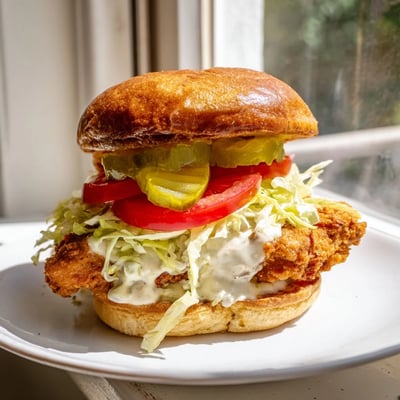 Spicy chicken sandwich drizzled with creamy homemade sauce served with crisp vegetables and golden fried chicken cutlet
