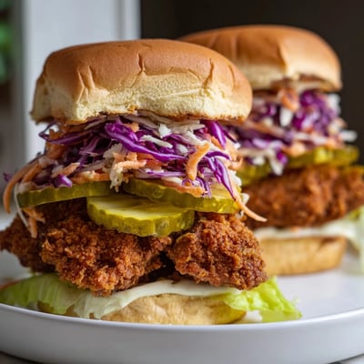 Crispy buttermilk fried chicken thigh nestled in a soft bun with creamy coleslaw and pickles for Southern comfort food